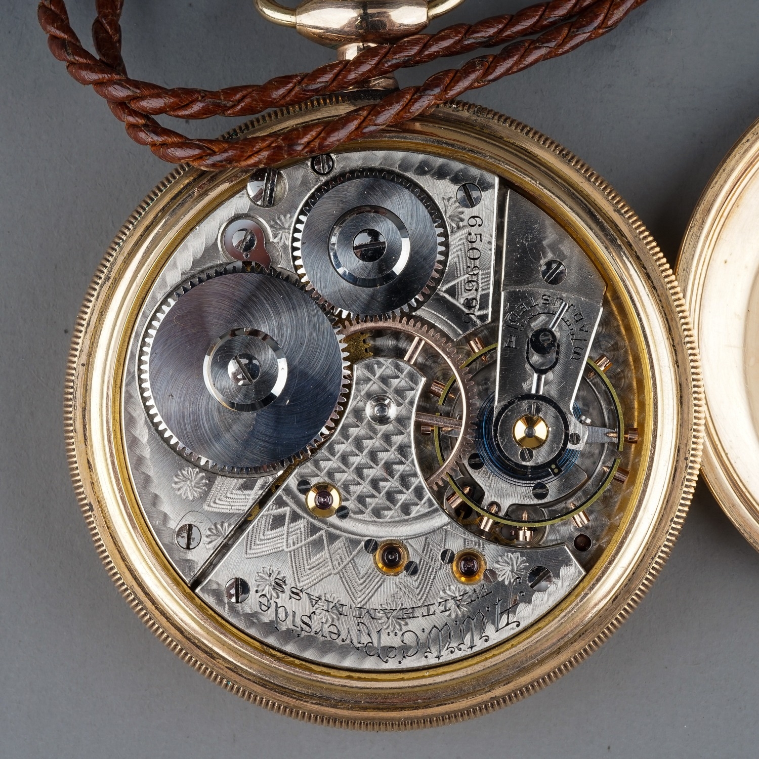 A Waltham Watch Co gold-plated open faced pocket watch, 43mm white enamel dial, 50mm case, Roman - Image 8 of 9