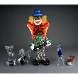 Murano glass to include: large Clown playing a guitar, blue horse, Swan, Dog with ball and vari
