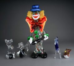 Murano glass to include: large Clown playing a guitar, blue horse, Swan, Dog with ball and vari