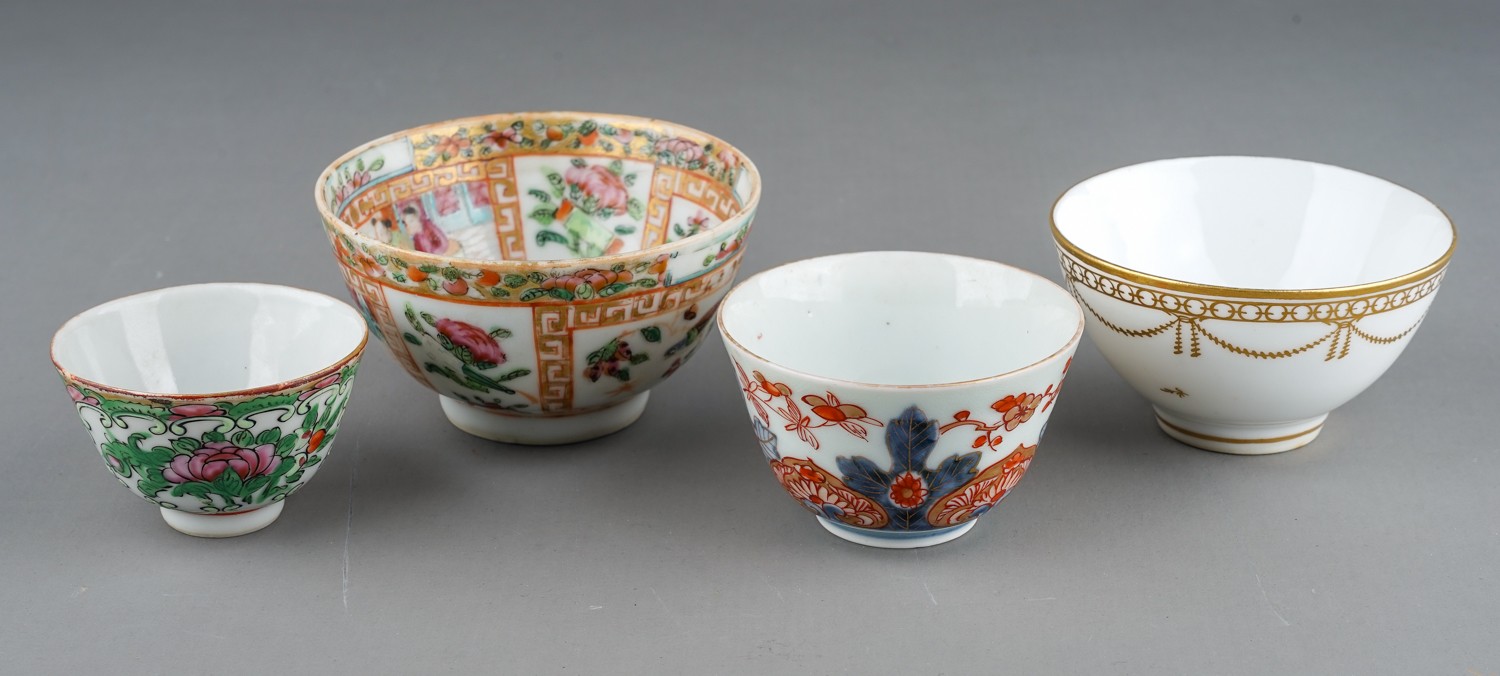 Three various Asian tea bowls including Chinese Export famille rose bowl and a Continental Chinese
