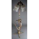 W A S Benson brass twin light adjustable reading lamp, on splayed base