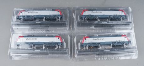 A large number of N gauge unmotored Eurosprinter electric locos with moving wheels and bogies