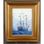 A Stefan Nowacki painted porcelain plaque depicting a British naval tall ship, signed lower right,