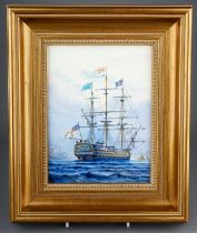 A Stefan Nowacki painted porcelain plaque depicting a British naval tall ship, signed lower right,