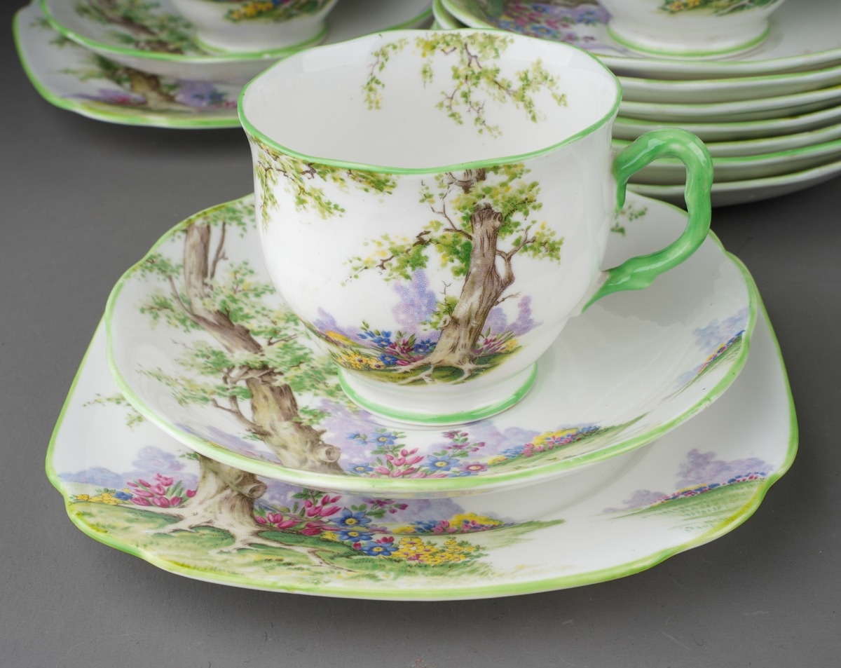 A Royal Albert Crown China "Greenwood Tree" pattern tea set for twelve settings, comprising milk - Image 4 of 7