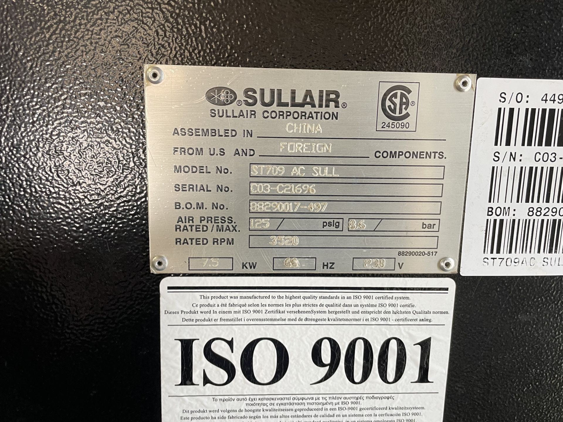 LOW LISTED HOURS! Sullair ShopTek ST709 AC Sull Rotary Screw Air Compressor - Image 5 of 8