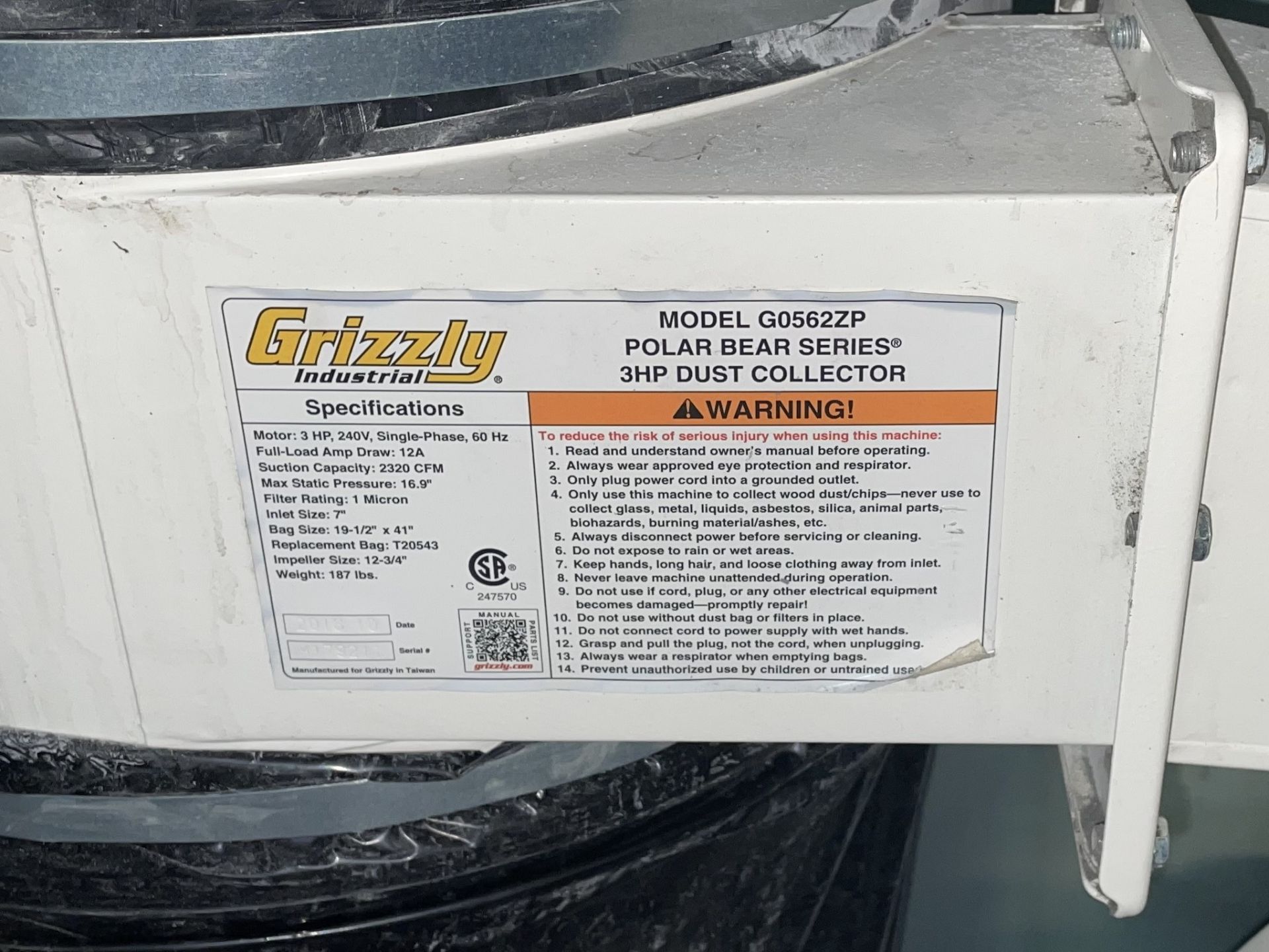 2018 - Grizzly Mdl. G0562ZP Polar Bear Series Dust Collector - Image 4 of 4