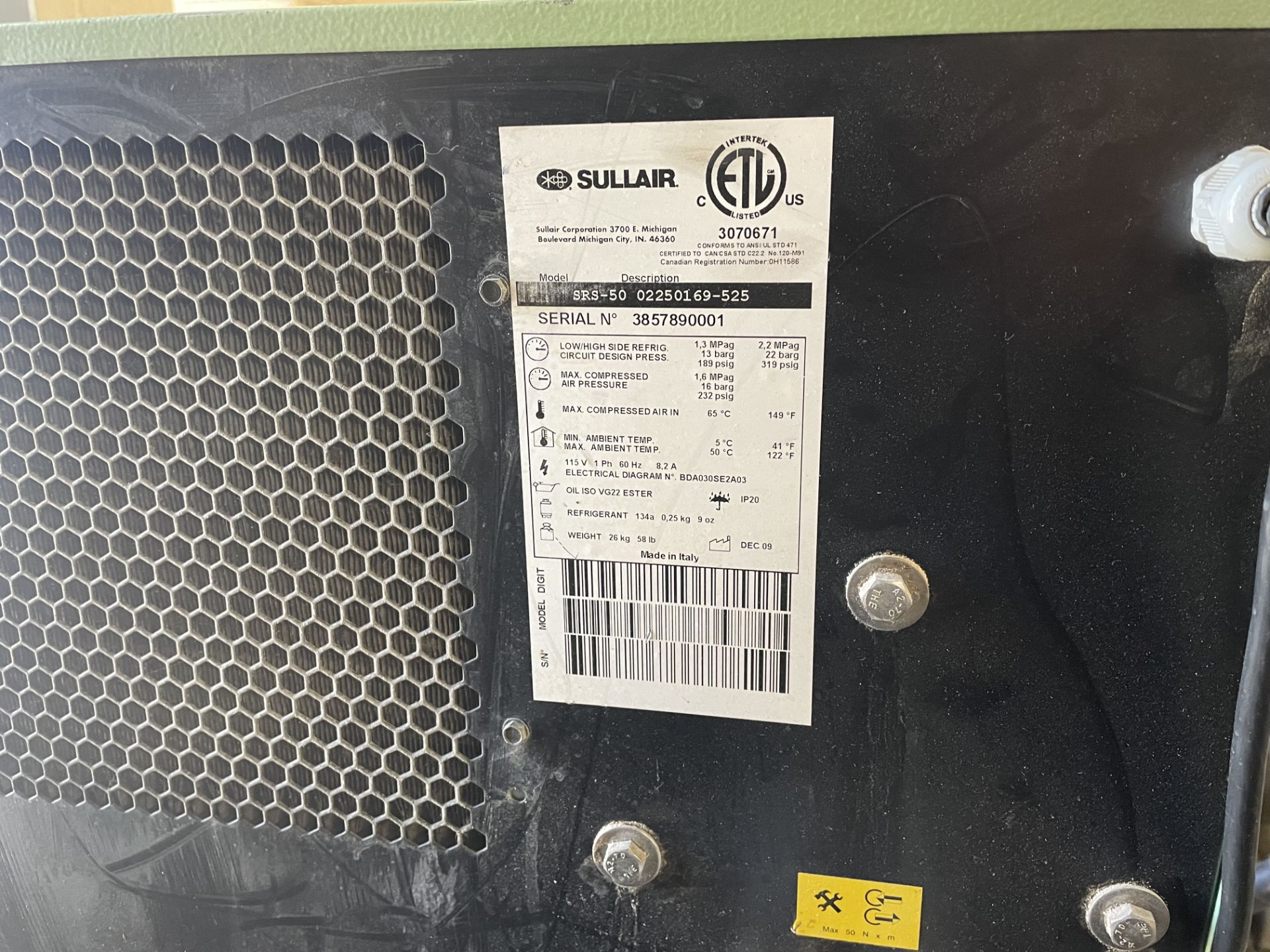 LOW LISTED HOURS! Sullair ShopTek ST709 AC Sull Rotary Screw Air Compressor - Image 7 of 8