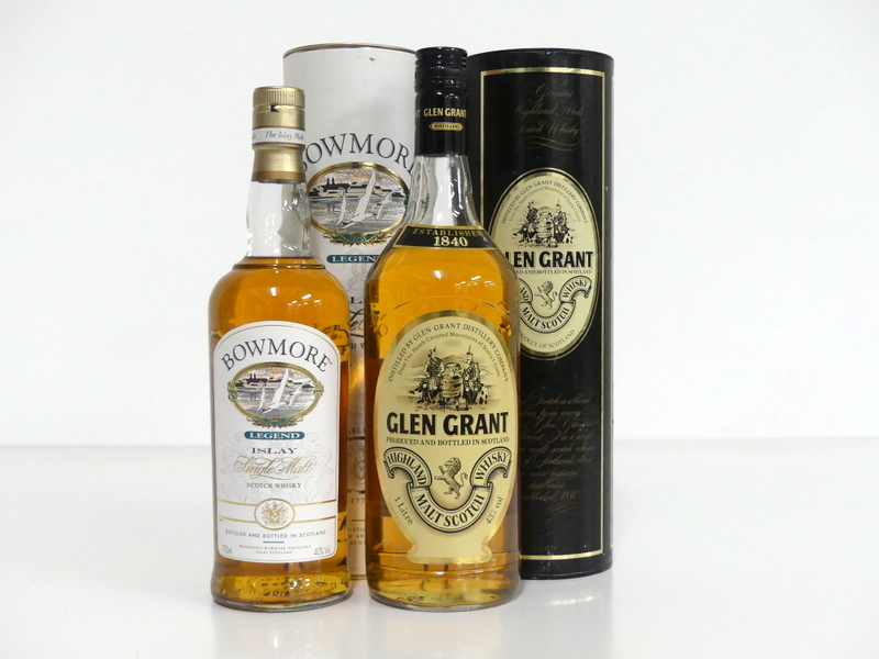 1 70-cl bt Bowmore Legend Islay Single Malt Scotch Whisky 40% original tube 1 litre bt Glen Grant