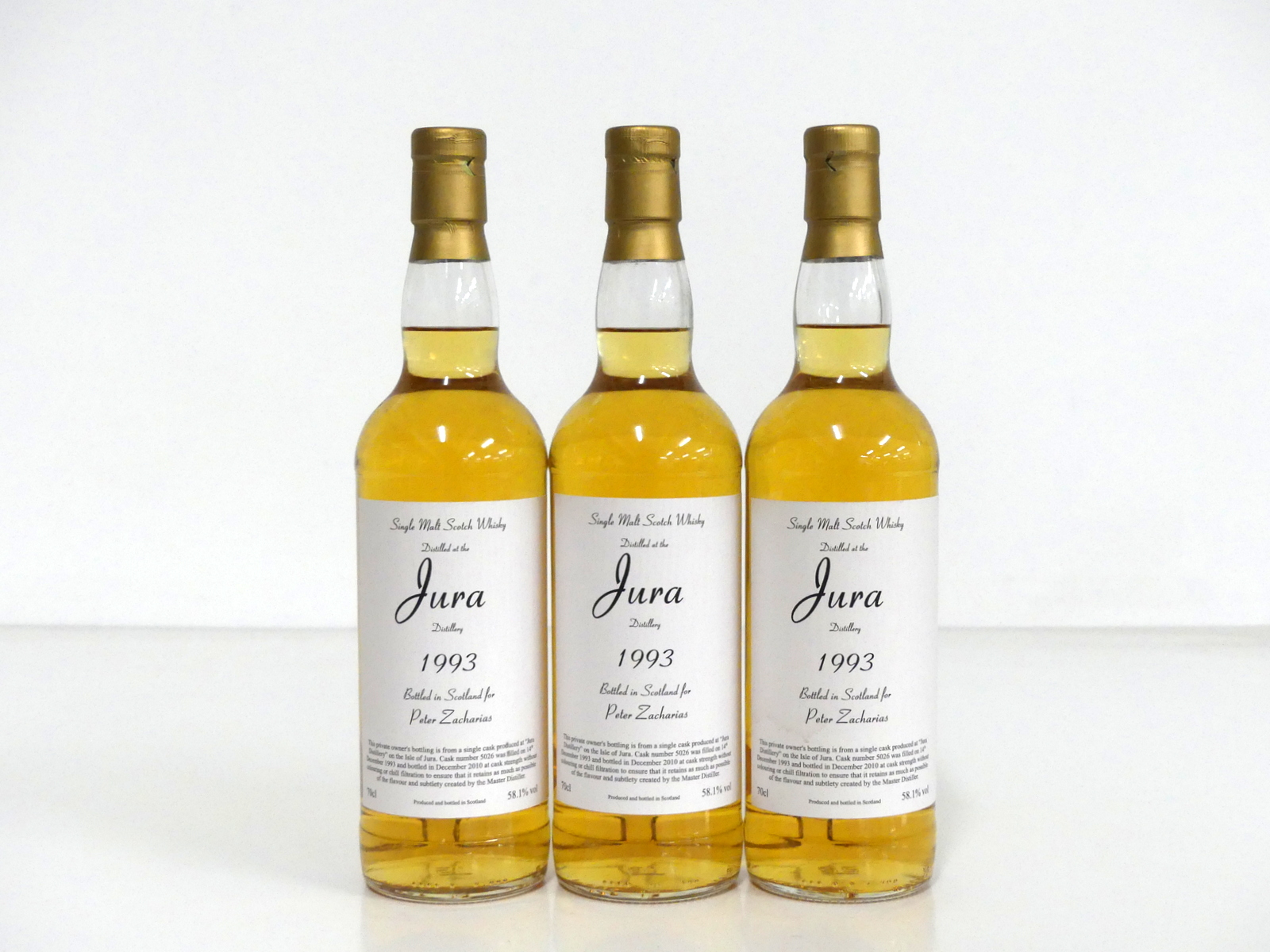 3 bts Jura Single Malt Scotch Whisky 1993 bottled 2010 at cask strength 58.1% Private Owners