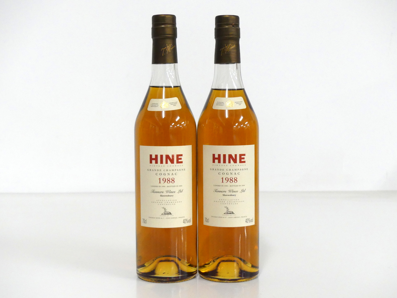 V 2 70-cl bts Hine Grande Champagne Cognac 1988 Landed 1990, bottled 2004 (Tanners)