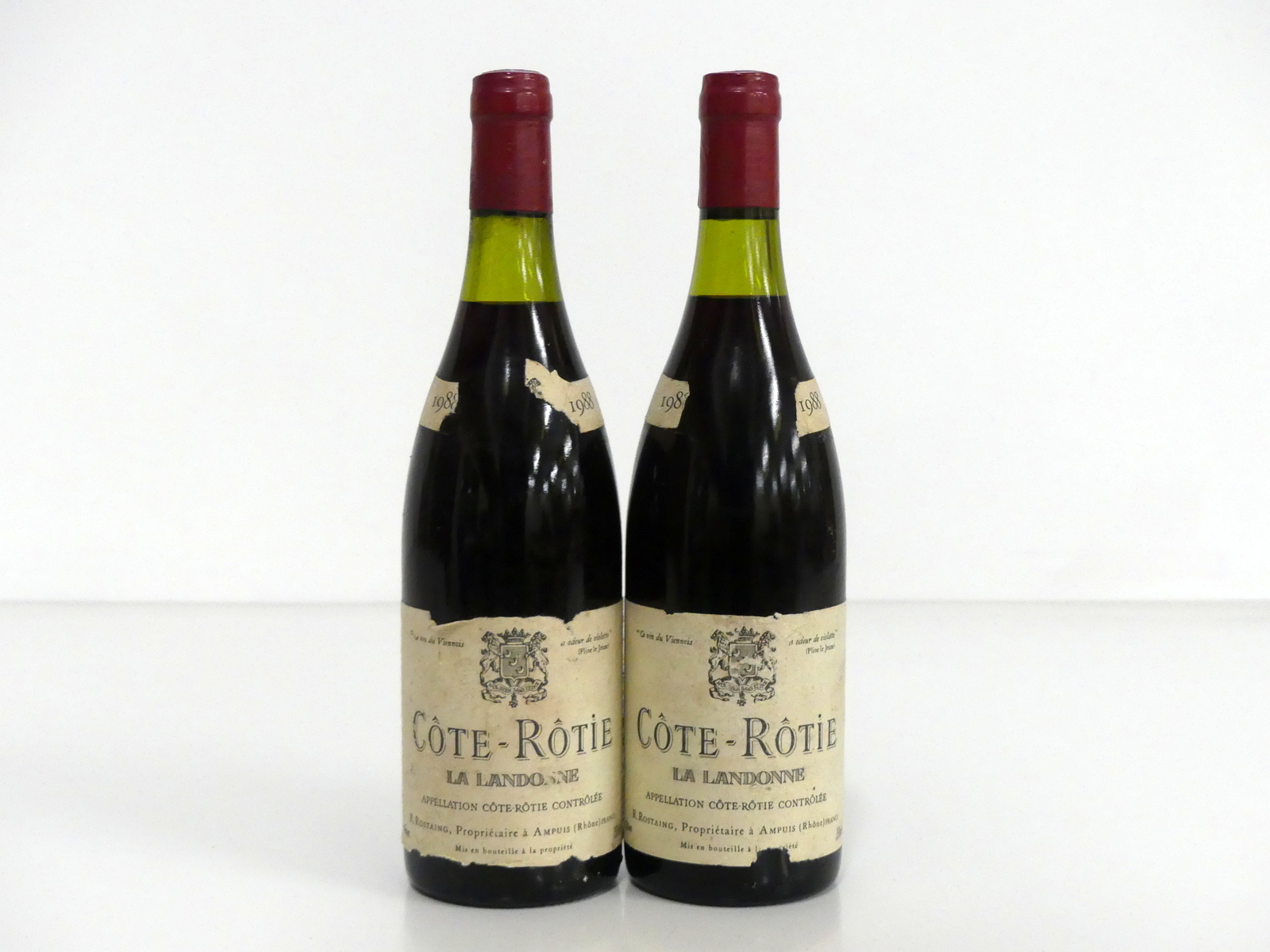 2 bts Côte-Rôtie La Landonne 1988 R. Rostaing us/ts, us, aged/vsl torn label, torn vintage slip