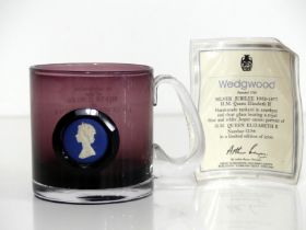 A Wedgewood Silver Jubilee Tankard in Amethyst & Clear Glass with Blue & White Jasper Cameo of Her
