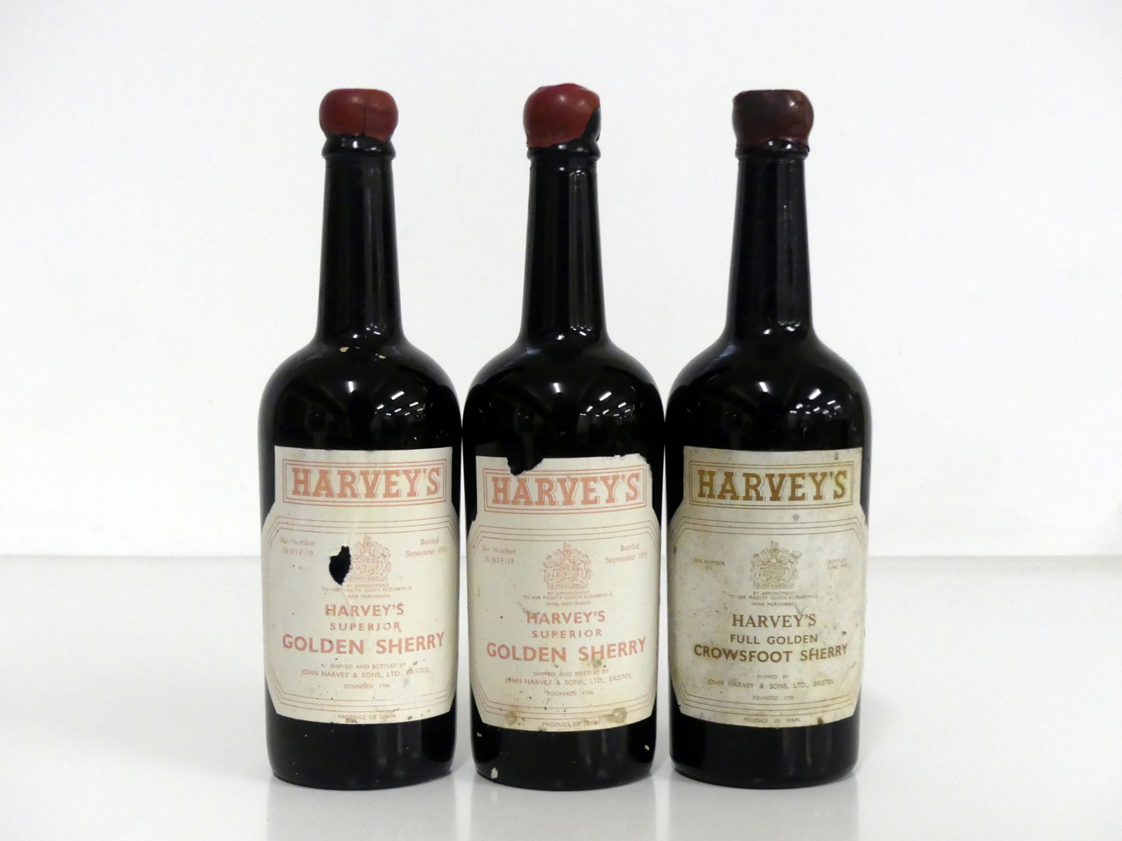 2 bts Harvey's Superior Golden Sherry Oloroso, bottled September 1951, ts, base of neck, faded & vsl