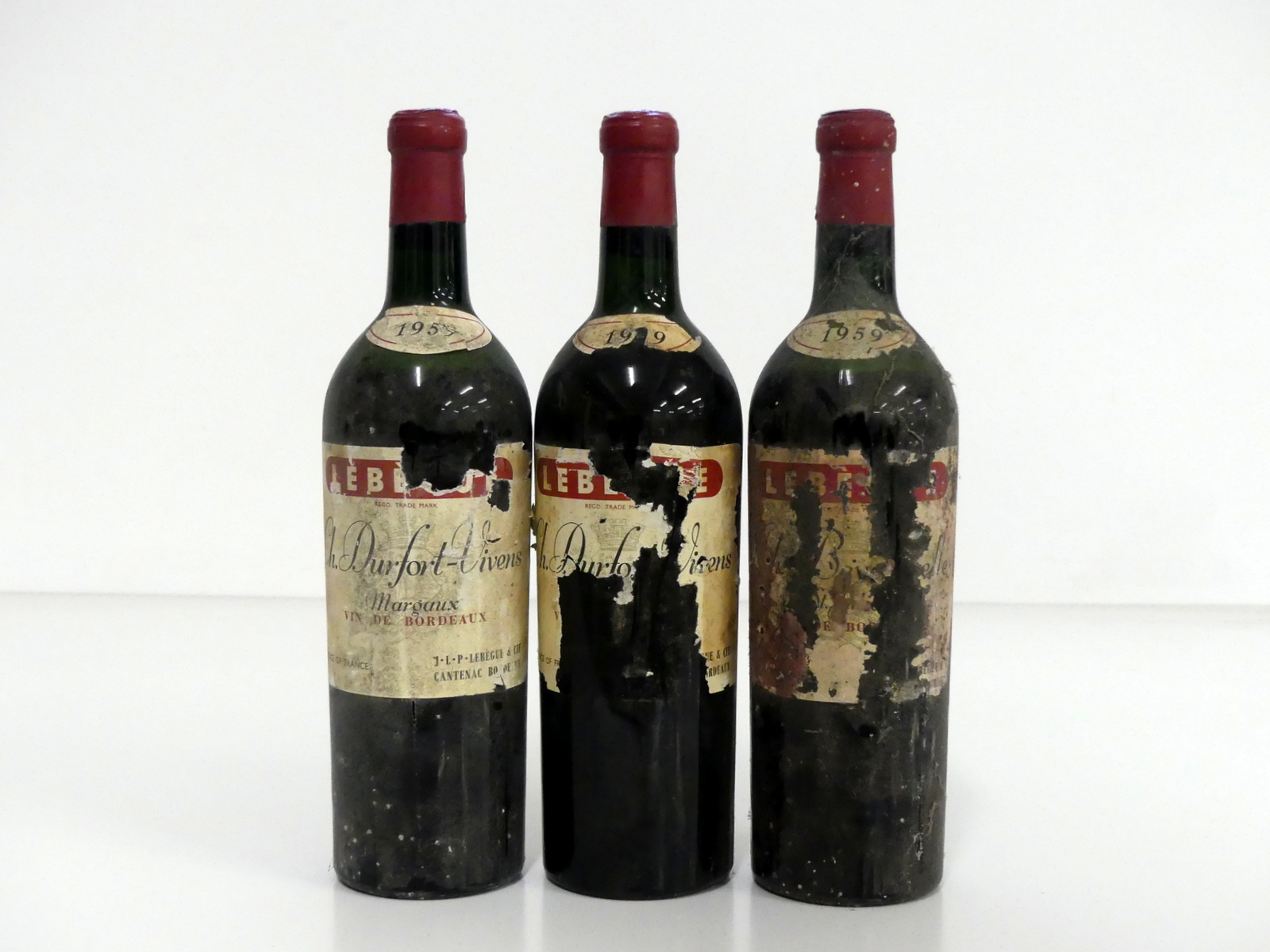 2 bts Ch. Durfort-Vivens 1959 Margaux, 2me Cru Classé us, ls/lms, J L P Lebègue Label, bs, pt dis/