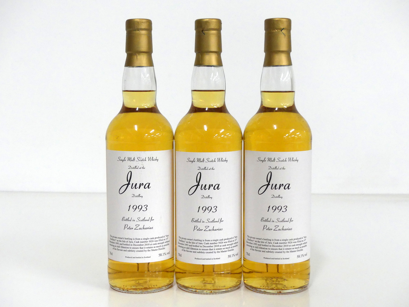 3 bts Jura Single Malt Scotch Whisky 1993 bottled 2010 at cask strength 58.1% Private Owners