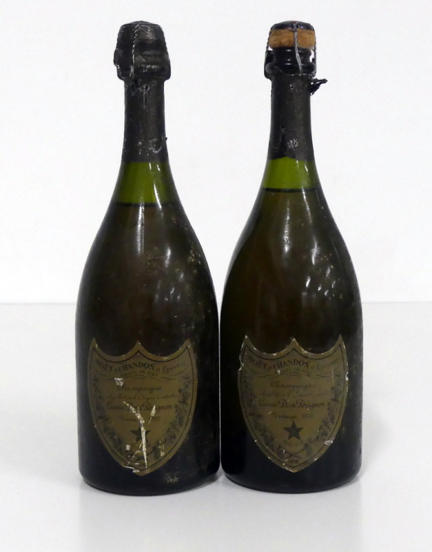 2 bts Cuvée Dom Pérignon Champagne 1976 17mm, 28mm below foil base, bs, 1 foil top removed, sl