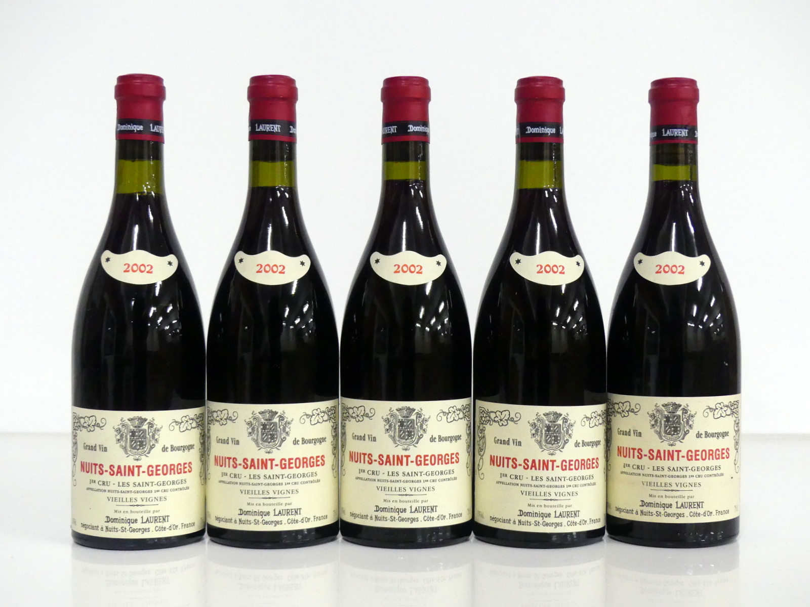 5 bts Nuits-Saint-Georges, 1er Cru, Les Saint-Georges V.V. 2002 oc Dominique Laurent 2 i.n, 3 ts