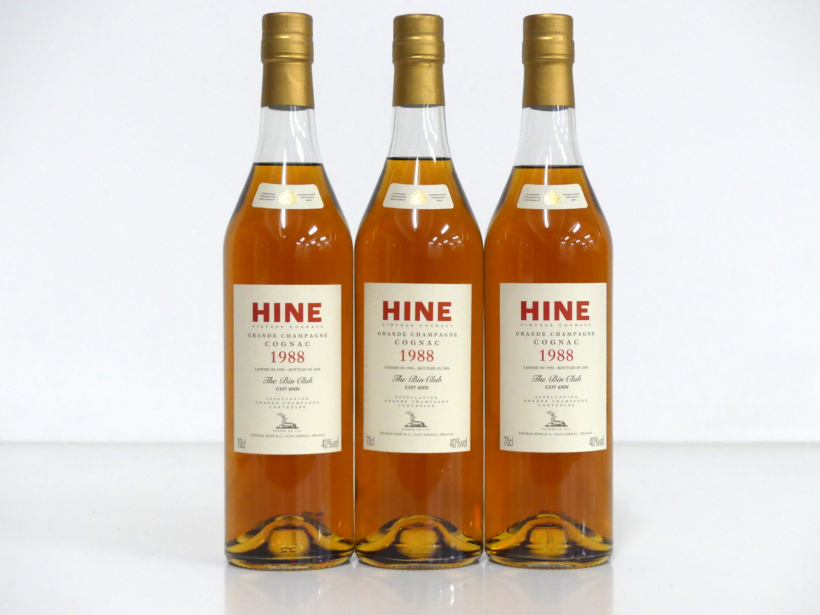 3 70-cl bts Hine 1988 Grande Champagne Cognac landed 1991, bottled 2006 The Bin Club