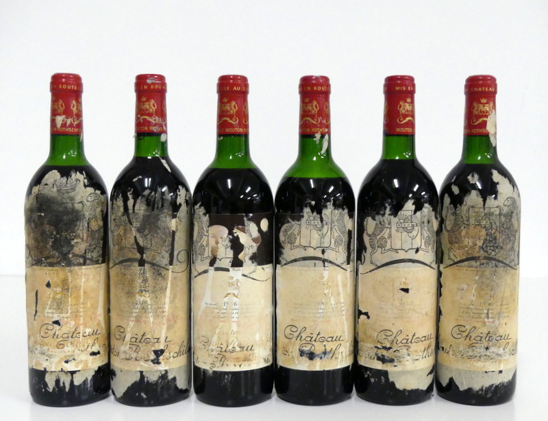 6 bts Ch. Mouton-Rothschild 1986 Pauillac, 1er Cru Classé, 1 vts, 1 ts, 1 us/ts, 2 us, 1 lms/ms,