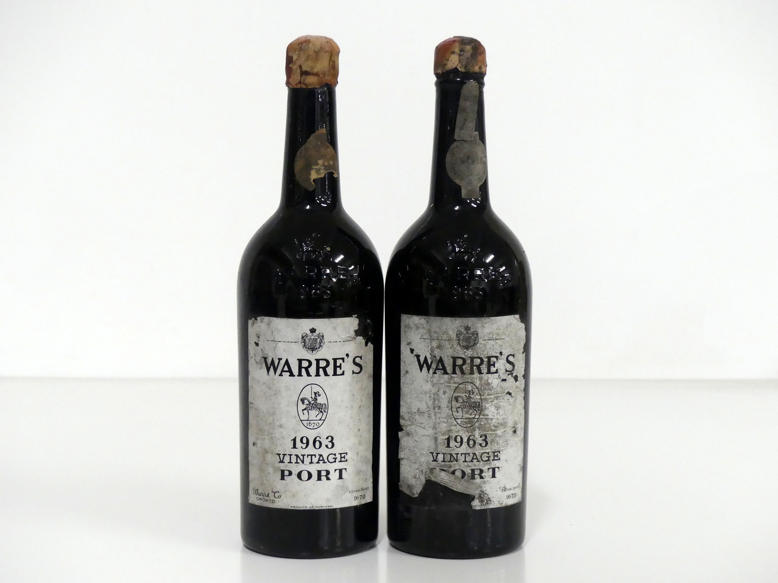 2 bts Warres Vintage Port 1963 base of neck, ts, vsl torn/aged labels, chipped wax