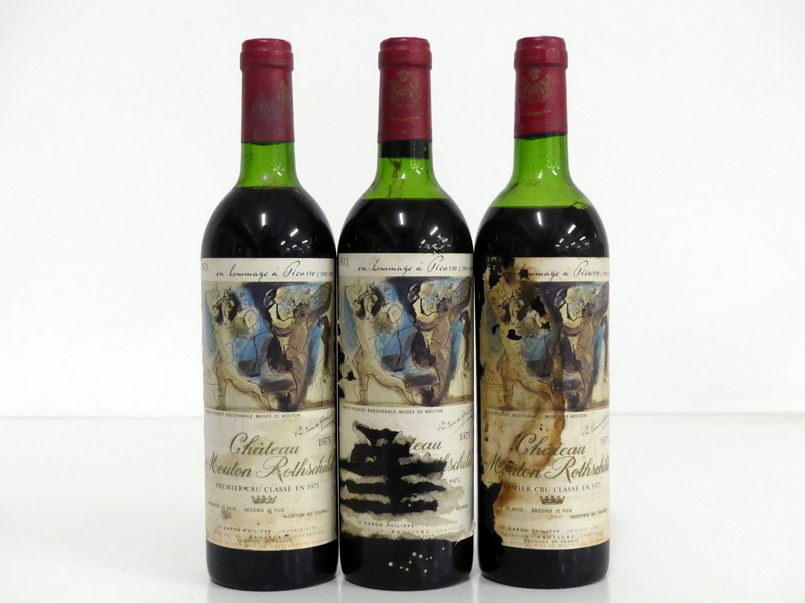 3 bts Ch. Mouton-Rothschild 1973 Pauillac, 1er Cru Classé, 1 us, 1 ms, 1 lms, stl, cdl, torn/pt