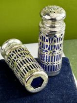 Vintage Cobalt Blue Glass & Silver Plate Pair Salt & Pepper Shakers Cruet Set