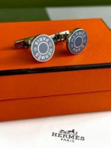 Hermes Paris Silver 925 & Enamel Blue Monogram Cufflinks