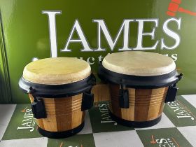 Vintage Pair Of Wooden Bongos Hand Drums Percussion Music Instrument