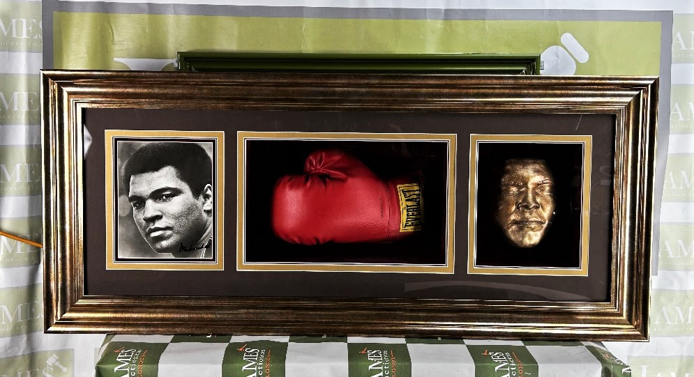 Muhammad Ali Signed Montage- Everlast Glove/Picture and Dipped Gold Face Cast