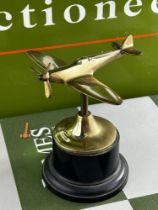 A Handmade Desk Top Brass RAF Spitfire on Base.