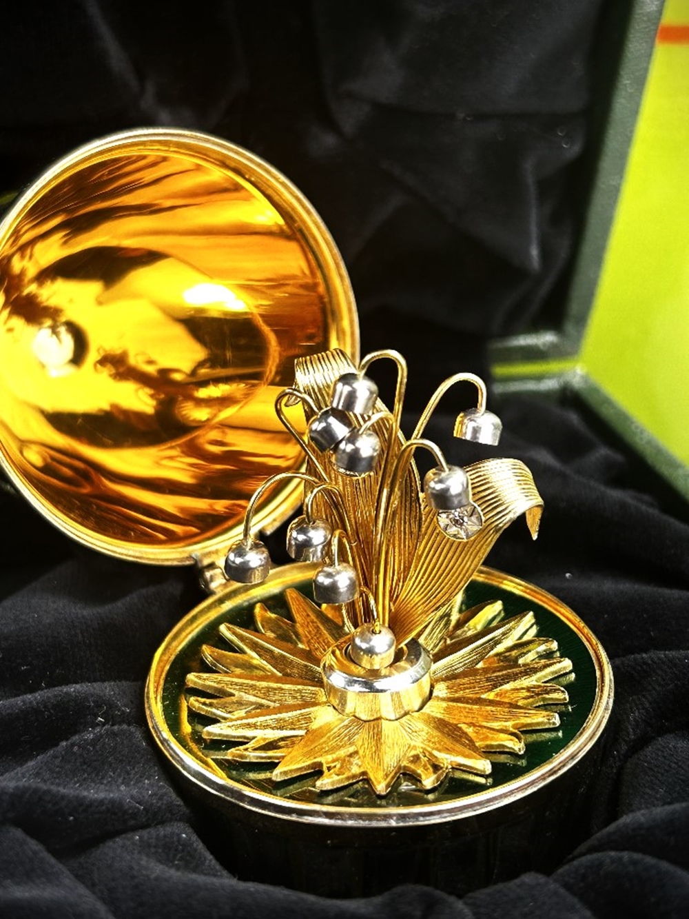 Faberg&eacute; Solid Silver &#038; Gold Plate Egg With Diamond Lily Of The Valley Brooch