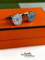 Herme&grave;s Paris Silver 925 &#038; Enamel Blue Monogram Cufflinks