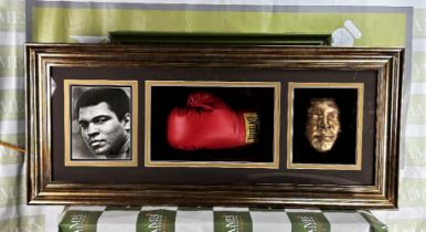 Muhammad Ali Signed Montage &#8211; Everlast Glove/Picture and Dipped Gold Face Cast