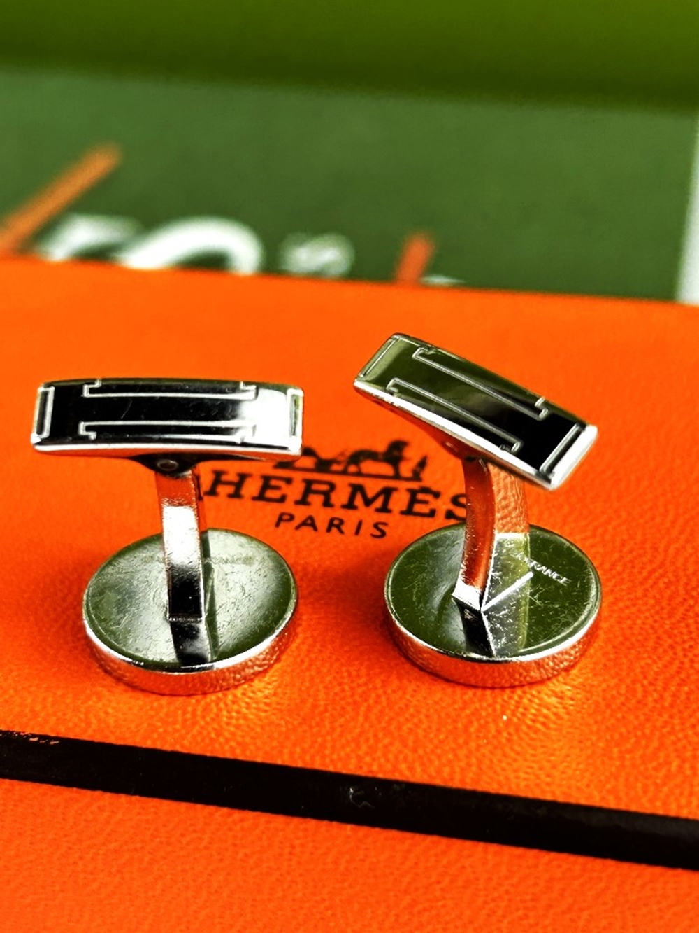 Herme&grave;s Paris Silver 925 &#038; Enamel Blue Monogram Cufflinks - Image 3 of 7