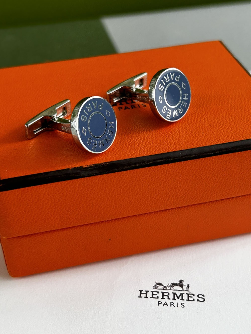 Herme&grave;s Paris Silver 925 &#038; Enamel Blue Monogram Cufflinks - Image 6 of 7