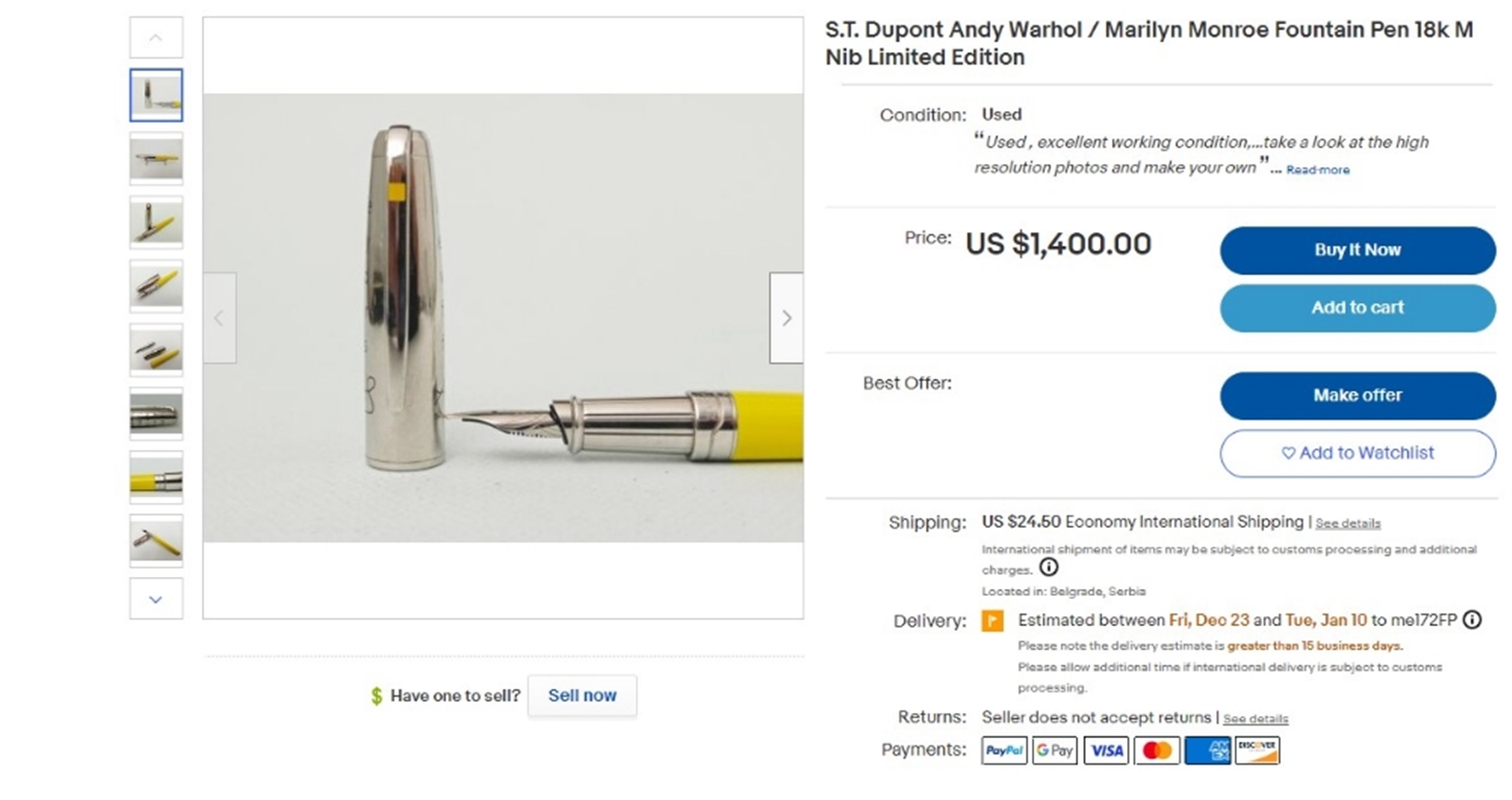 SOLD VIA BUY IT NOW PLEASE DO NOT BID-Rare St Dupont Andy Warhol Fountain Pen Yellow Box & Papers - Image 12 of 13