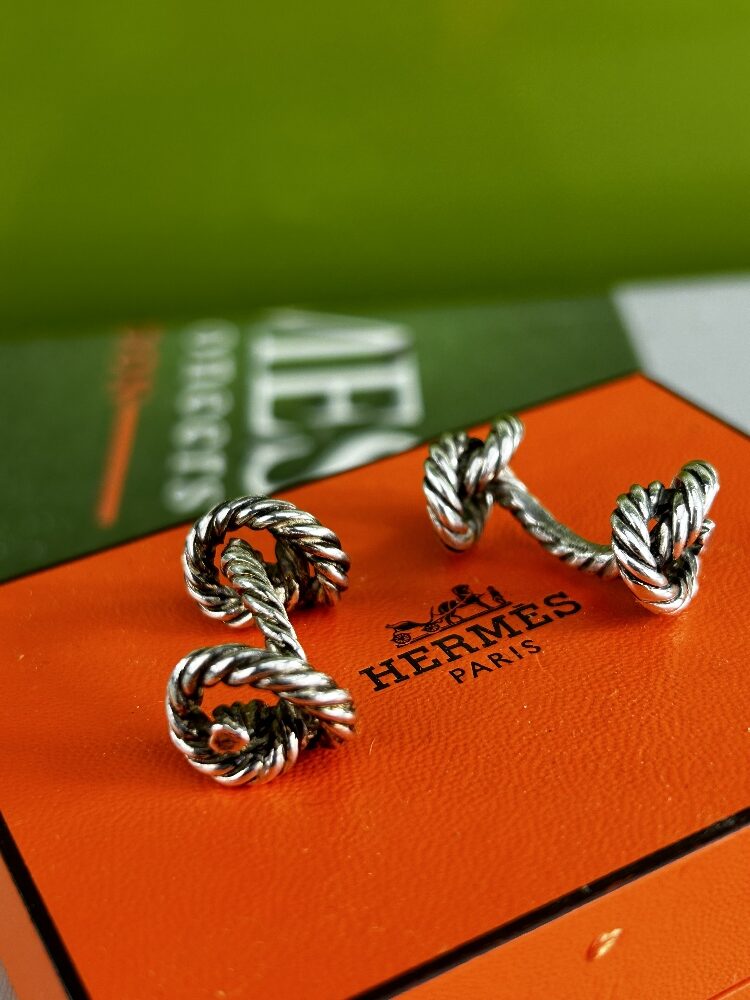 Hermes Paris Vintage Solid Silver Rope Design Cufflinks