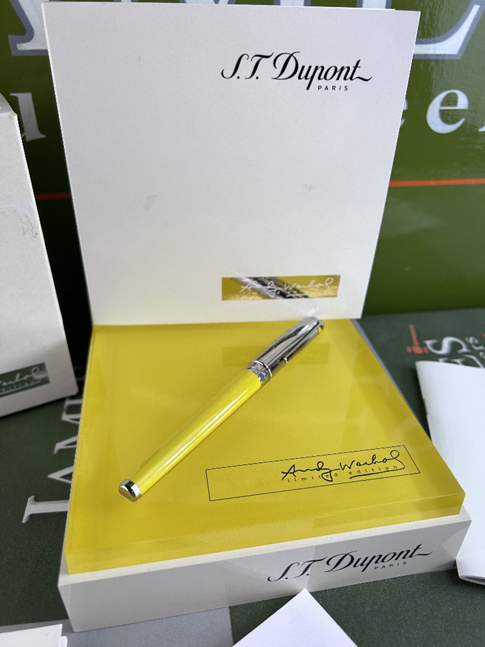 SOLD VIA BUY IT NOW PLEASE DO NOT BID-Rare St Dupont Andy Warhol Fountain Pen Yellow Box & Papers - Image 3 of 13