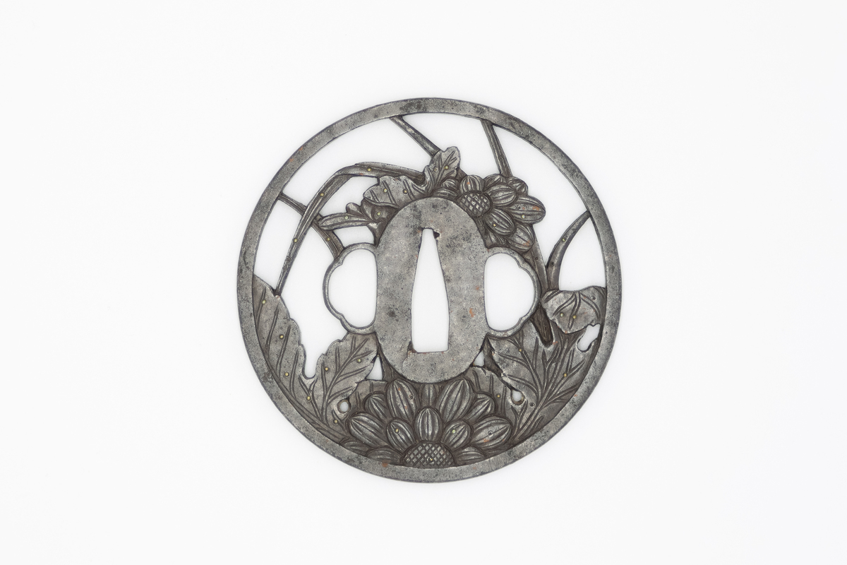 Iron Tsuba, Chrysanthemum, Japanese Sword Fitting