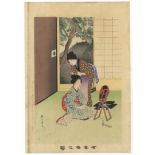 Shuntei, Hairdressing, Original Japanese Woodblock Print