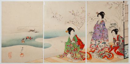 Chikanobu, Snow Garden, Original Japanese Woodblock Print