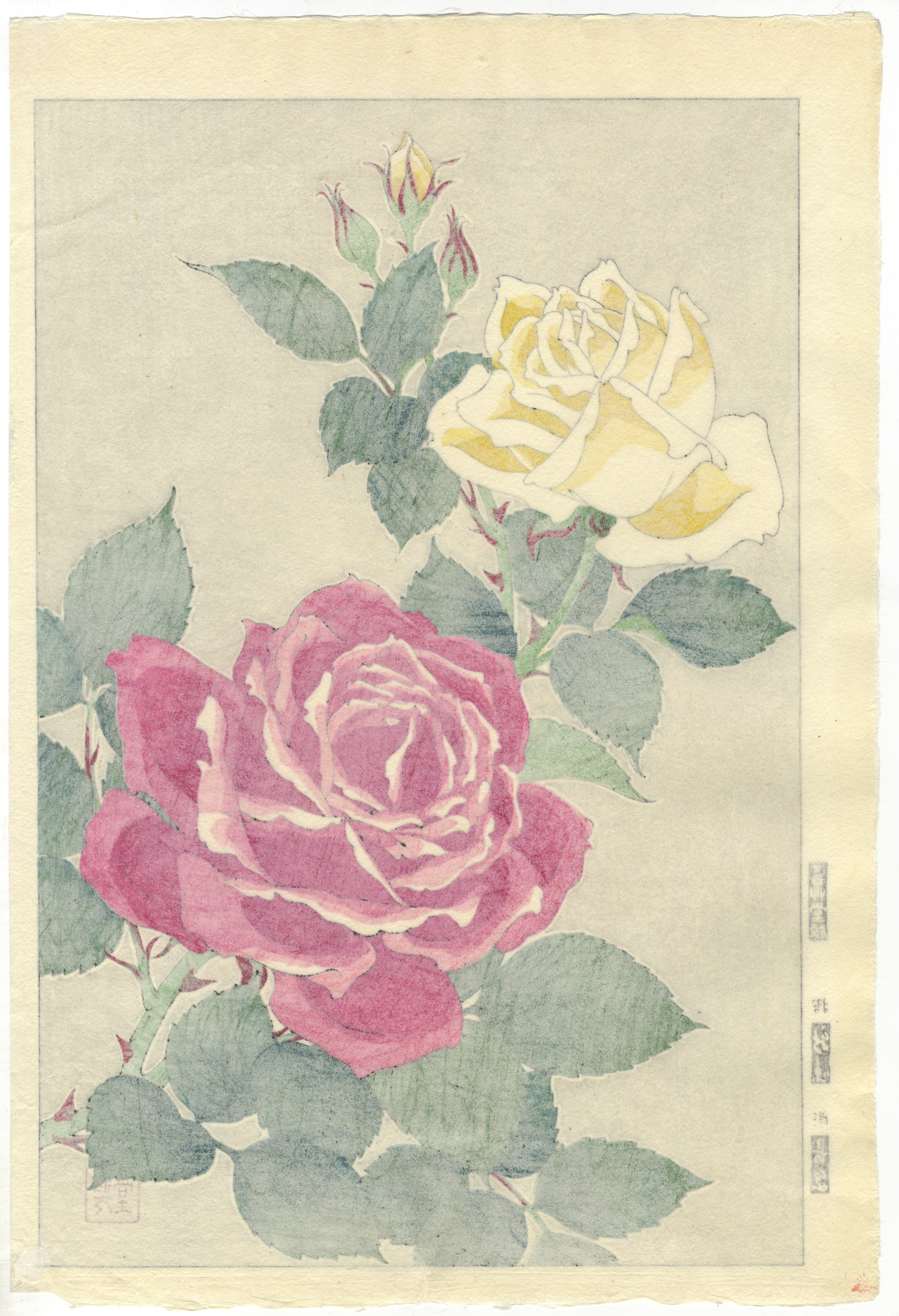 Shodo Kawarazaki, Rose, Japanese Woodblock Print - Image 2 of 2