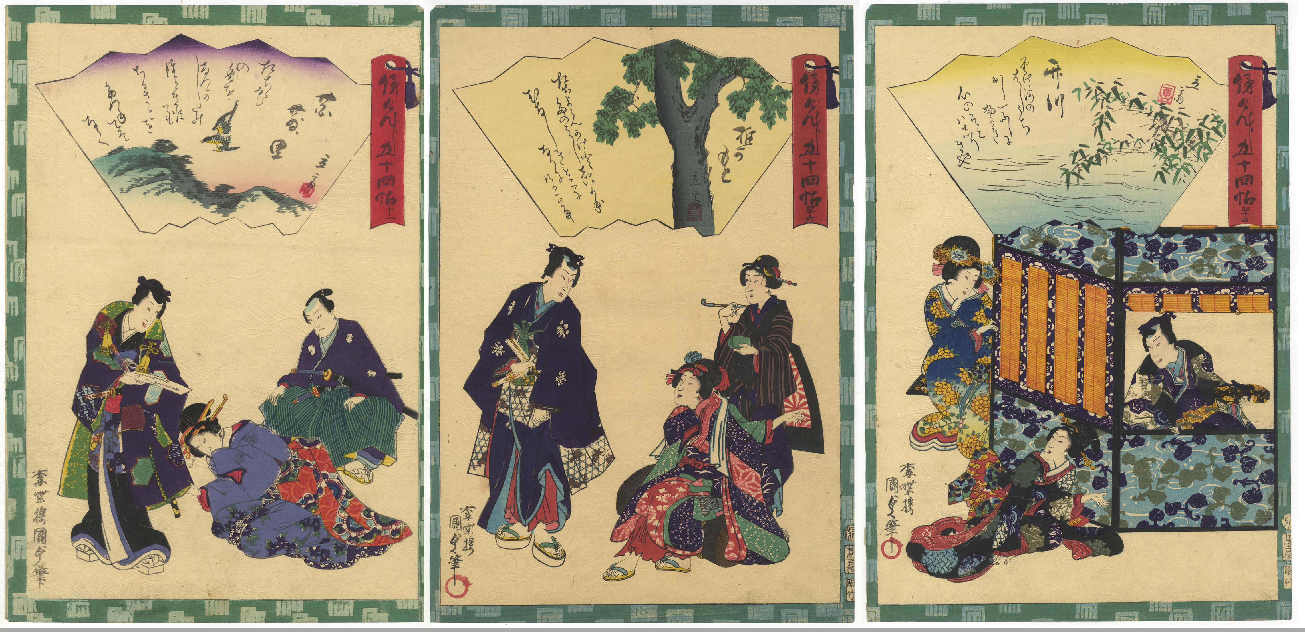 Kunisada II, Set of 3, Genji, Japanese Woodblock Print