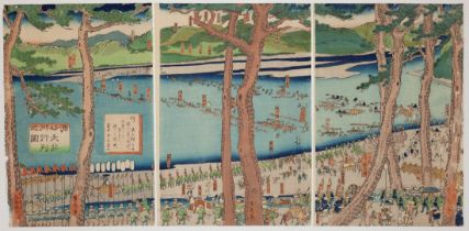 Sadahide, Oi River Crossing, Japanese Woodblock Print