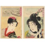 Chikanobu,Set of 2, Beauty, Japanese Woodblock Print