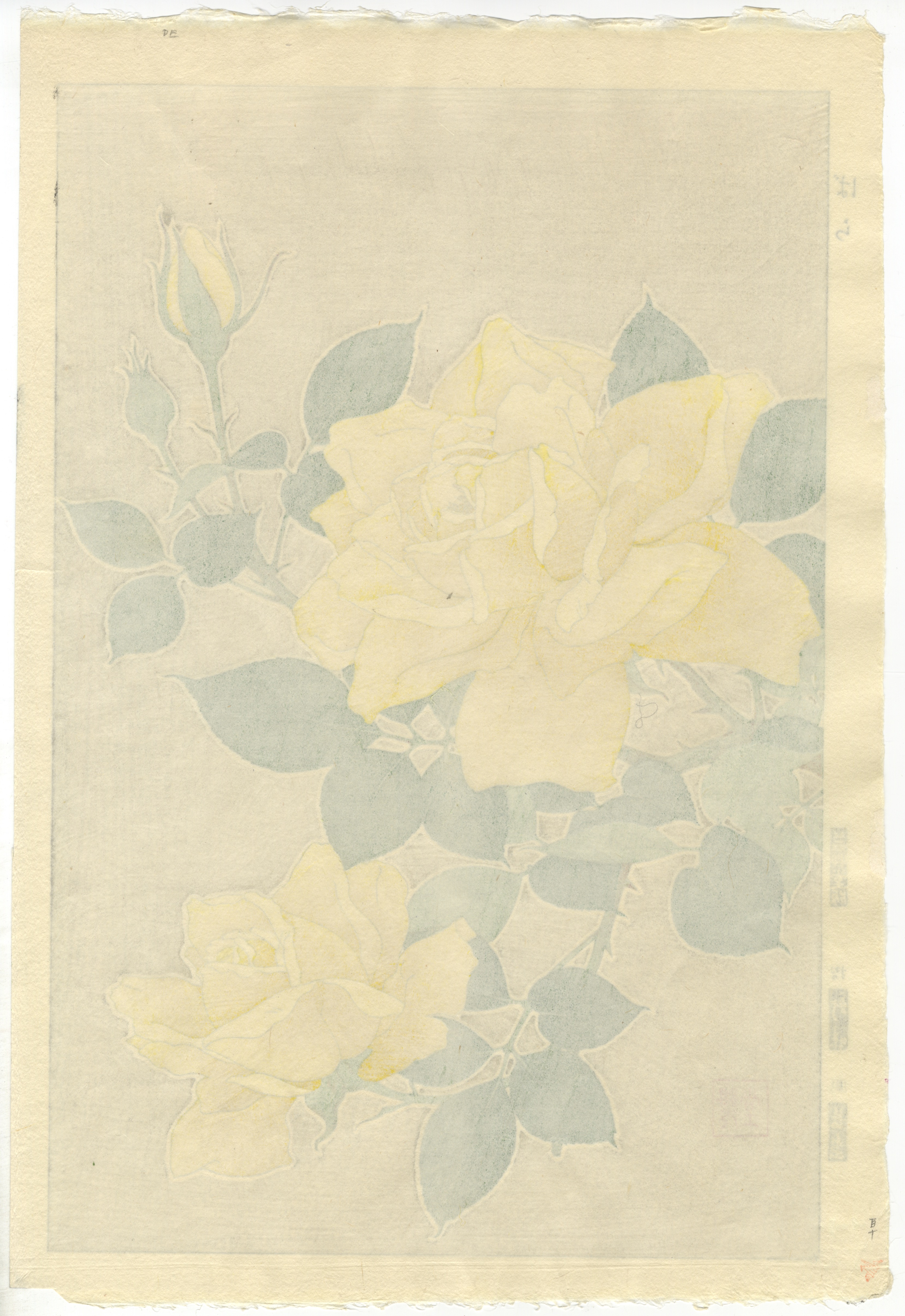Shodo, Yellow, Rose, Original Japanese Woodblock Print - Image 2 of 2