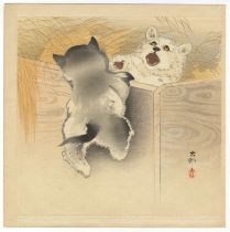 Koson Ohara, Puppies, Original Japanese Woodblock Print
