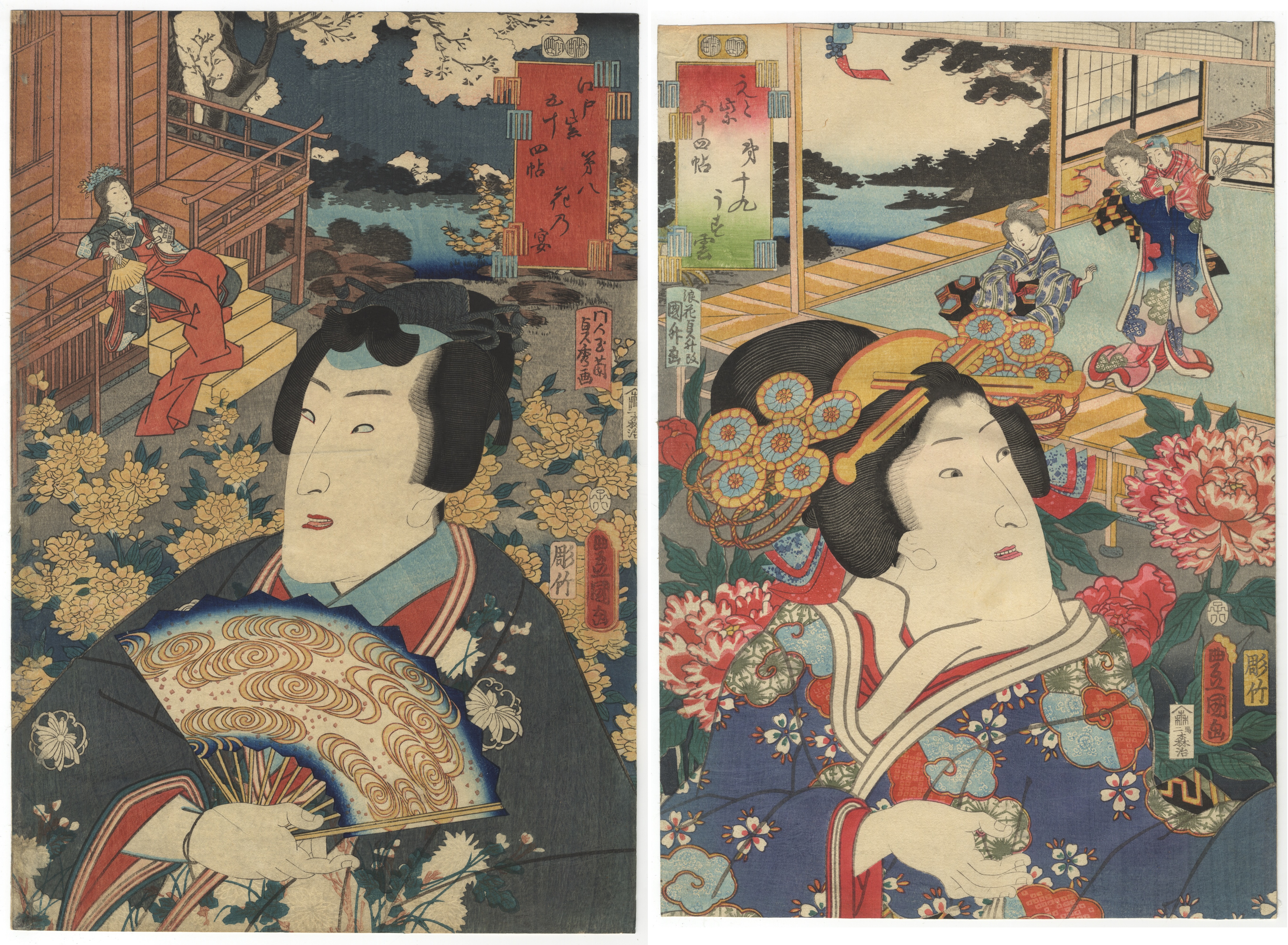 Toyokuni III, Genji, Set of 2, Japanese Woodblock Print