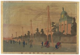 Kiyochika, Sunset, Tokiwa Bridge, Japanese Woodblock Print